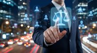 Professional businessman touching digital justice scale icon with network connections in modern city environment for legal technology solutions.