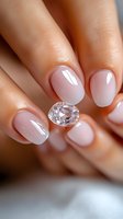 Elegant manicured nails in soft pink nude color holding clear crystal gemstone. Close-up shot showing glossy nail polish and sparkling diamond on feminine hands.