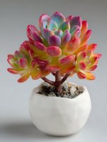 Vibrant colorful succulent plant with pink, blue, and yellow hues growing in a small round white ceramic pot against neutral gray background.