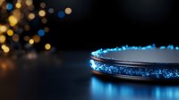 Futuristic glowing blue LED ring with sparkling particles on dark background with bokeh lights for technology and innovation concepts.
