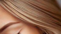 Close-up of blonde woman with smooth highlighted hair strands covering part of her face, showcasing natural hair texture and color for beauty concepts.