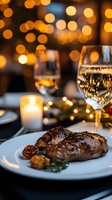 Grilled steak on white plate with wine glasses and romantic candlelight setting, golden bokeh lights in background creating luxurious dining atmosphere.