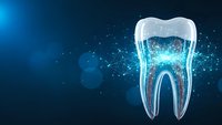 Digital tooth anatomy with glowing neural network connections on dark blue background for dental technology and healthcare innovation concepts.