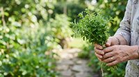 Farmer holding fresh green herb seedling in hands at garden nursery, ready for planting and cultivation.