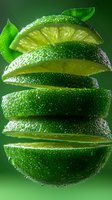 Fresh lime slices floating in air with water drops on green background, stacked in creative levitating composition showing juicy citrus flesh and peel.