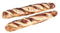 Fresh baked French baguettes with golden brown crust and diagonal scoring marks, watercolor style illustration on white background, ready for design use.