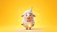 Cheerful cartoon sheep wearing a party hat and pink bow tie against bright yellow background with sparkling lights, suitable for birthday celebrations, greeting cards, and festive designs.
