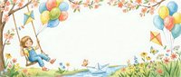 Watercolor spring frame with child on swing, colorful balloons, kite, paper boat on stream, blooming branches and flowers for greeting cards.