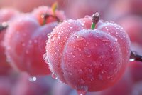 Fresh red apple with water droplets on surface, macro photography showing detailed texture against soft pink background.
