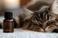 Relaxed tabby cat sleeping peacefully next to amber essential oil bottle on soft white fabric surface for aromatherapy and pet wellness concepts.