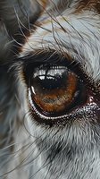 Extreme macro close-up of dog eye with detailed view of amber iris, white eyelashes and fur. Artistic pet photography showing reflection and texture.
