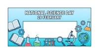 National Science Day banner with laboratory equipment, books, microscope, test tubes, and globe on blue background for educational events and celebrations.
