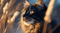 Majestic tabby cat with striking blue eyes basking in warm golden sunlight, whiskers and fur illuminated by soft natural lighting creating dramatic shadows.