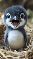 Close-up portrait of smiling baby penguin chick with wide eyes and open beak sitting in straw nest, showing adorable expression against blurred background.