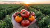 Fresh heirloom tomatoes held in hands at sunset over organic farm field rows. Harvest season agricultural produce for healthy eating and farming.