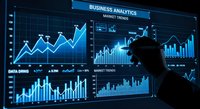 Professional businessman analyzing digital financial dashboard with glowing blue charts, graphs and market data visualization for business intelligence.