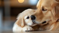 Golden retriever puppy resting head on adult dog's body, showing affection and bonding between two dogs indoors with blurred background.