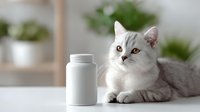 White and gray cat lying next to blank white supplement bottle on light background with green plants. Pet health and veterinary medicine concept for advertising.