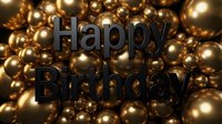 Happy Birthday text in dark metallic letters surrounded by shiny golden spheres, creating a luxurious festive celebration background.