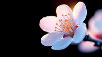 Delicate pink cherry blossom with soft petals and orange stamens in bloom against dark background, macro photography showing fine botanical details.