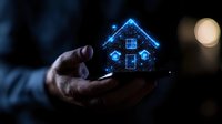 Glowing blue holographic house model floating above open palm in dark setting with bokeh moon light, representing future real estate and smart home technology.