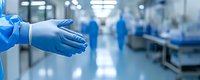Medical professional wearing protective blue gloves in hospital corridor with blurred medical staff in background, focus on hands. Clean sterile environment.