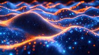 Abstract digital landscape with glowing blue particles and orange light waves flowing over undulating terrain, creating futuristic technology visualization background.