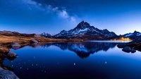 Stunning mountain lake reflection under starry night sky with Milky Way galaxy visible above snow-capped peaks creating perfect mirror image in calm waters.
