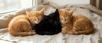 Three adorable kittens sleeping peacefully on white bedding, orange tabby and black cat cuddling together in cozy bedroom setting for pet care content.