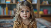 Young Caucasian girl with blonde hair and bright blue eyes smiling warmly at camera, wearing brown top, blurred bookshelf background creates cozy home atmosphere.