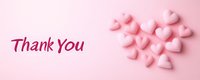 Pink heart-shaped sugar candies scattered on pastel pink background with Thank You text, romantic minimal composition for valentines day and gratitude messages.