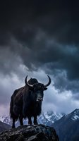 Yak with long horns standing on rocky mountain terrain against dramatic stormy sky with snow-capped peaks, suitable for wildlife, nature, and adventure themes.