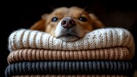 Adorable small dog resting chin on stack of cozy knitted sweaters. Cute pet portrait with warm autumn winter clothing pile for seasonal fashion comfort.