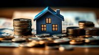 Small blue house model between stacks of coins on dark background, representing real estate investment, property market, and home savings concept.