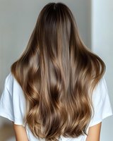 Long wavy brown hair with natural balayage highlights shown from behind on woman wearing white t-shirt, demonstrating healthy, shiny hair texture and color.