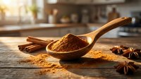 Wooden spoon filled with aromatic cinnamon powder on rustic kitchen counter with cinnamon sticks and star anise spices for cooking and baking recipes.