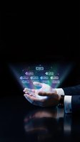 Businessman holding glowing organizational chart with CEO and department hierarchy structure, representing corporate management, leadership strategy, and business workflow planning.