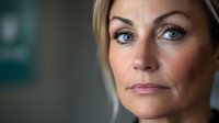 Close-up portrait of confident blonde Caucasian businesswoman with blue eyes and natural makeup in professional office environment for corporate branding.