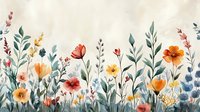 Delicate watercolor wildflowers in coral, yellow and blue tones with green foliage create meadow composition on light background. For fabric, wallpaper, stationery design.