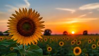 Sunflower blooming in field during golden hour sunset with warm orange sky and blurred sunflower field background for agriculture and nature concepts.