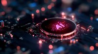 AI microchip processor with glowing red neural network connections on dark circuit board background for artificial intelligence technology concepts.