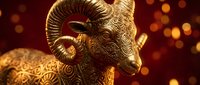 Golden ram statue with ornate decorative patterns against warm bokeh background, suitable for luxury branding, wealth symbolism, and premium design projects.