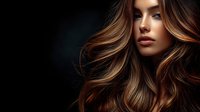 Young woman with flowing caramel balayage hair against dark background, showcasing professional salon styling for beauty advertising.