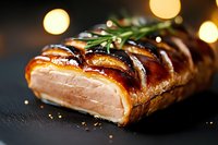 Juicy roasted pork belly with crispy skin, fresh rosemary garnish on dark slate board against blurred golden bokeh lights, close up view for food photography.