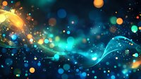 Magical glowing particles and light waves flow through dark space creating ethereal bokeh effect in turquoise and golden colors against black background.