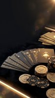 Luxury poker cards and casino chips on dark surface with golden lighting creating dramatic gambling atmosphere for entertainment design.