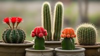 Colorful cactus collection in terracotta pots featuring blooming red flowers and various desert plant species for home decor and gardening projects.
