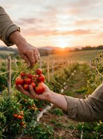 Farmer harvesting fresh ripe tomatoes at sunset in agricultural field, showing hands picking produce during golden hour on farm.