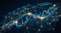 AI trading algorithm network with glowing connections over financial candlestick charts showing automated investment technology and market data analysis.