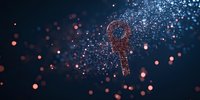 Digital glowing key silhouette formed by particles with scattered light dots on dark background, symbolizing digital security and data protection concept.